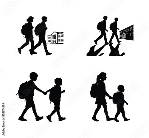 Set of Two Kids Holding Hands Silhouette Vector, School Walk Together Concept
