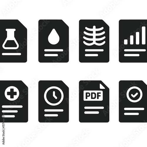 Diagnostic Icons Collection. Solid style icons of lab and test reports: lab results icon, blood test file, X-ray scan record,