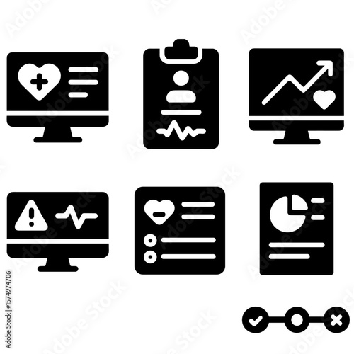 Medical Dashboard Icons. Solid style icons of analytics and summary: medical dashboard, health stats, condition overview,