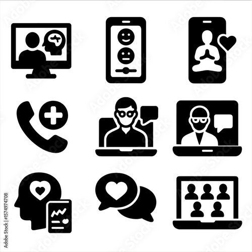 Mental Health Icons. Solid style icons of mental health via telemedicine: video therapy session, mood tracker, guided meditation