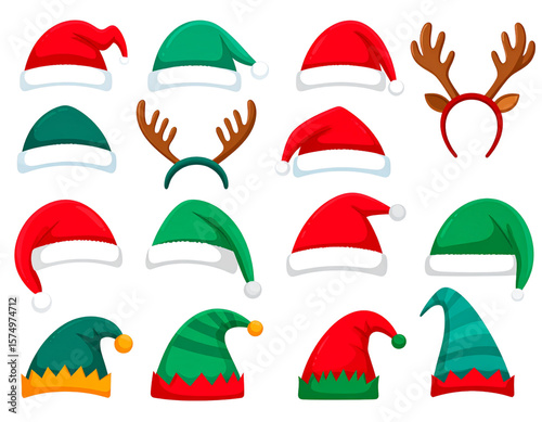 Christmas hats. Festive Santas red cap, elf hat with ears and Xmas deer antlers winte 