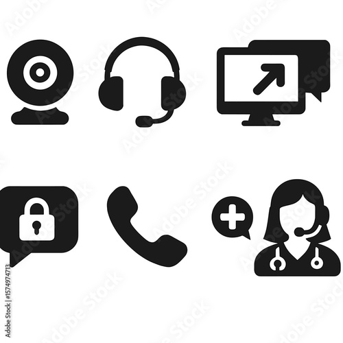 Communication Tools Icons. Solid style icons of communication tools: webcam icon, headset with mic, screen share, chat with doctor