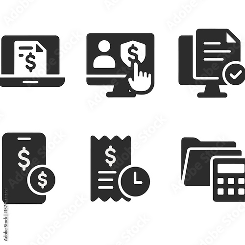 Telehealth Payment Icons. Solid style icons of telehealth payments: virtual invoice, pay for visit, insurance integration, claim