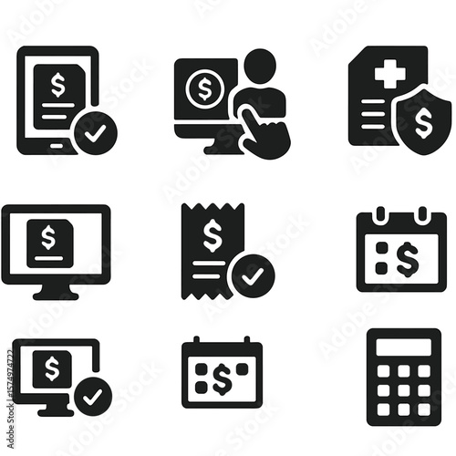 Telehealth Payment Icons. Solid style icons of telehealth payments: virtual invoice, pay for visit, insurance integration, claim