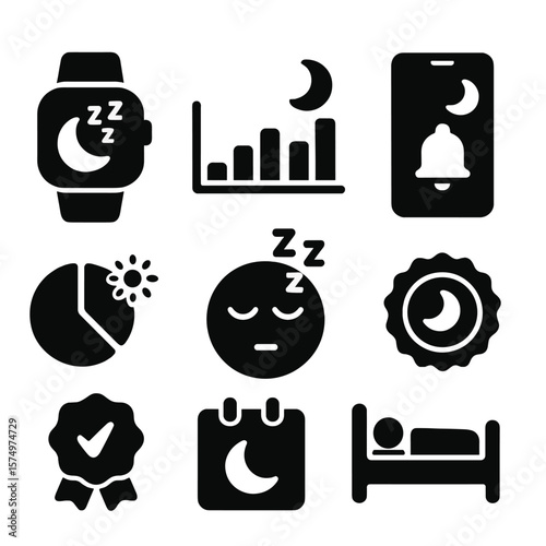 Sleep Monitoring Icons. Solid style icons of sleep monitoring: sleep tracker icon, sleep phases graph, bedtime alert, wake-up