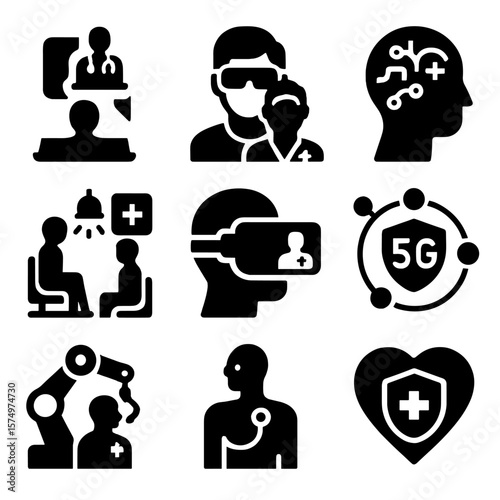 Futuristic Telehealth Icons. Solid style icons of future telehealth: holographic call, AR doctor overlay, AI diagnosis, smart room
