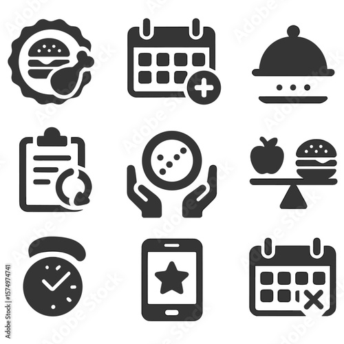 Cheat Day Icons. Solid style icons of cheat days and balance: cheat meal badge, indulgence tracker, weekend meal icon, healthy