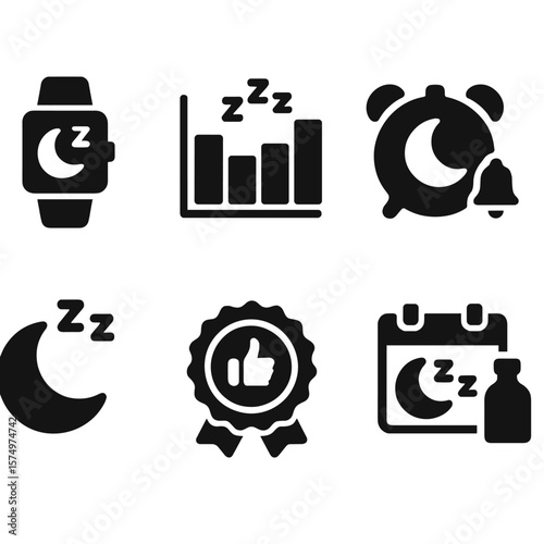 Sleep Monitoring Icons. Solid style icons of sleep monitoring: sleep tracker icon, sleep phases graph, bedtime alert, wake-up