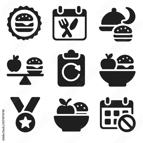 Cheat Day Icons. Solid style icons of cheat days and balance: cheat meal badge, indulgence tracker, weekend meal icon, healthy