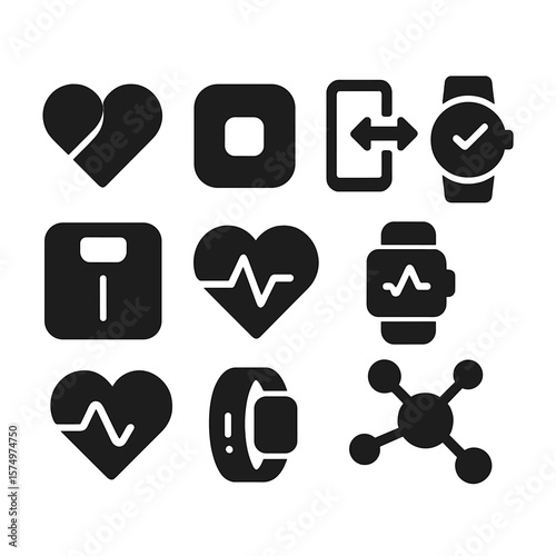 Tech Integration Icons. Solid style icons of compatibility and integrations: Google Fit icon, Apple Health sync, third-party app