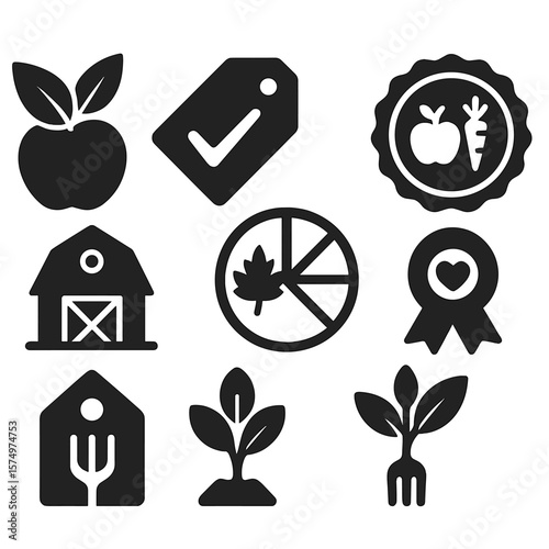 Food Quality Icons. Solid style icons of food quality: organic food icon, fresh tag, local produce badge, clean food stamp,