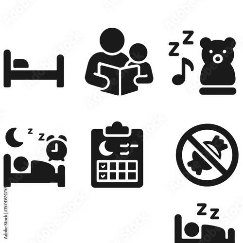 Kids' Sleep Icons. Solid style icons of kids’ sleep: toddler bed icon, bedtime story, lullaby symbol, night light, sleep training