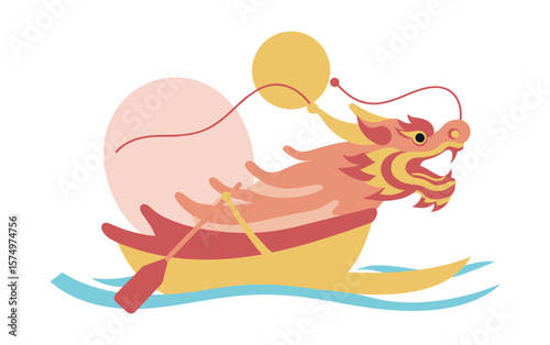 Colorful dragon boat racing through water with vibrant decorations in a festive style