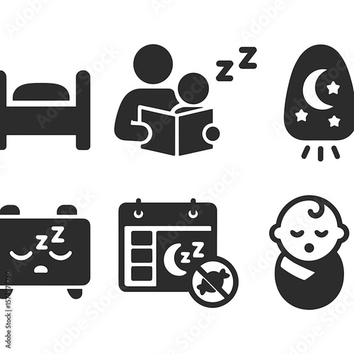 Kids' Sleep Icons. Solid style icons of kids’ sleep: toddler bed icon, bedtime story, lullaby symbol, night light, sleep training