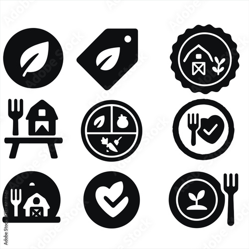 Food Quality Icons. Solid style icons of food quality: organic food icon, fresh tag, local produce badge, clean food stamp,