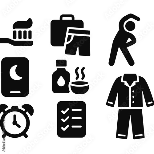 Night Routine Icons. Solid style icons of night routines: brush teeth icon, pack for tomorrow, screen dimmer, light stretching,