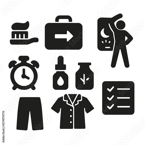 Night Routine Icons. Solid style icons of night routines: brush teeth icon, pack for tomorrow, screen dimmer, light stretching,