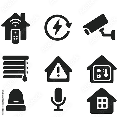 Smart Home Icons. Solid style icons of smart home automation: remote control badge, energy consumption icon, surveillance system