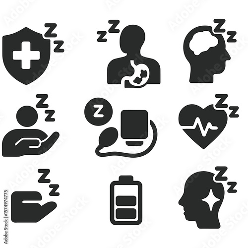 Sleep Health Icons. Solid style icons of sleep-related health: immune boost symbol, metabolism support, mental clarity badge,