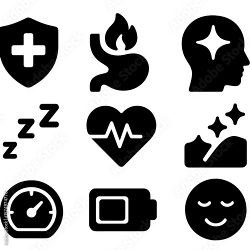 Sleep Health Icons. Solid style icons of sleep-related health: immune boost symbol, metabolism support, mental clarity badge,