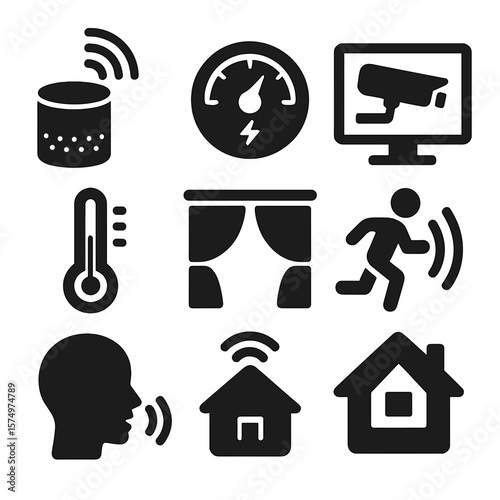 Smart Home Icons. Solid style icons of smart home automation: smart speaker badge, energy saving meter icon, security camera feed