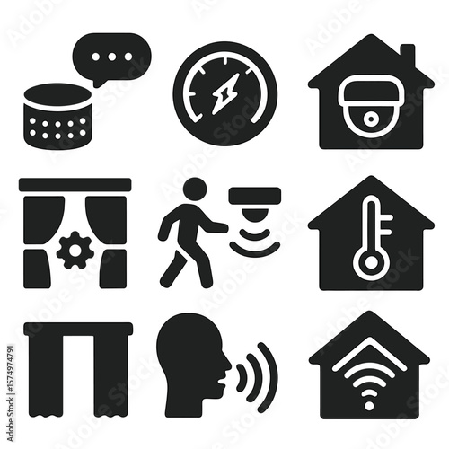 Smart Home Icons. Solid style icons of smart home automation: smart speaker badge, energy saving meter icon, security camera feed