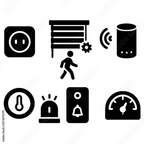 Smart Home Icons. Solid style icons of smart home automation: smart plug, automated blinds, motion sensor, voice assistant, smart
