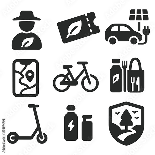 Sustainable Travel Icons. Solid style icons of sustainable travel icons: eco-tourism guide, green transport ticket, solar vehicle