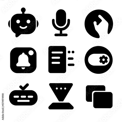 Next-Gen Productivity Icons. Solid style icons of next-gen productivity interfaces: AI chatbot icon, voice command microphone