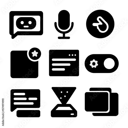 Next-Gen Interface Icons. Solid style icons of next-gen productivity interfaces: AI chatbot window, voice command microphone,