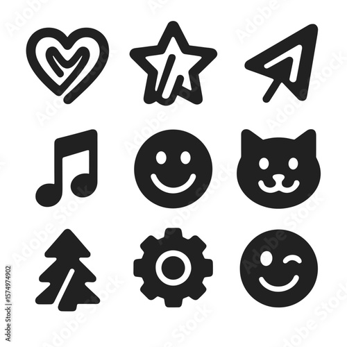 Themed Paper Clip Icons. Solid vector icons of themed paper clips: heart-shaped clip, star clip icon, arrow clip, musical note