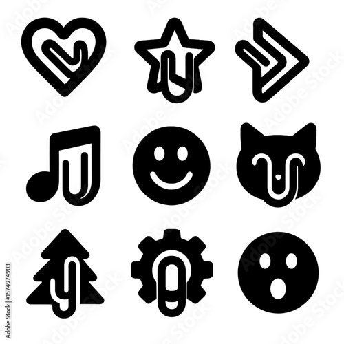 Themed Paper Clip Icons. Solid vector icons of themed paper clips: heart-shaped clip, star clip icon, arrow clip, musical note