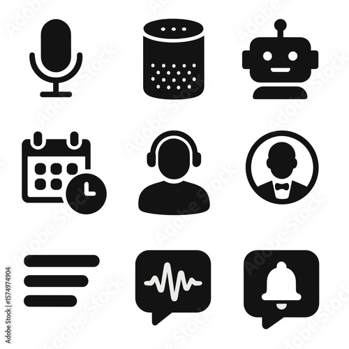 Smart Assistant Icons. Solid vector icons of smart assistants: voice recognition icon, smart speaker device, chatbot avatar, AI