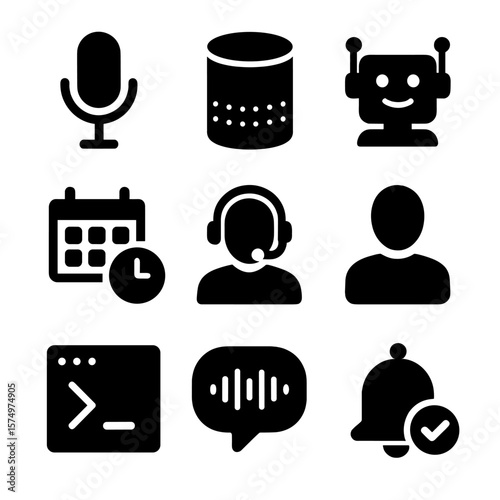 Smart Assistant Icons. Solid vector icons of smart assistants: voice recognition icon, smart speaker device, chatbot avatar, AI