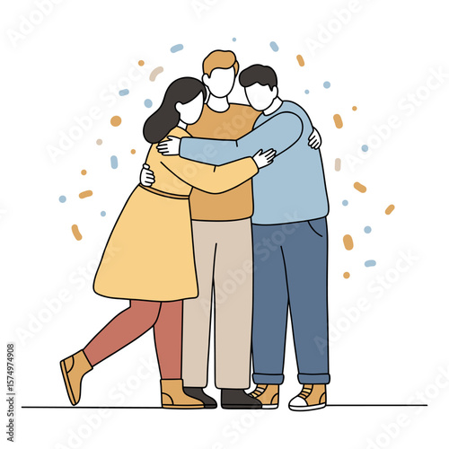 Friends embracing each other joyfully in a group hug celebrating friendship