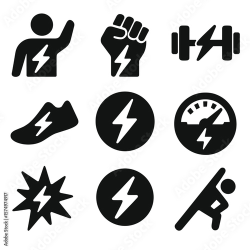 Sports Energy Icons. Solid vector icons of sports and power: athlete icon with bolt, fitness energy symbol, electric dumbbell,