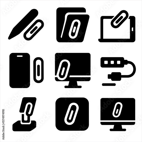 Modern Tech Clips. Solid vector icons of paper clips with tech: clip with stylus, clip on tablet case, magnetic clip on laptop,