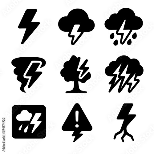 Weather Icons Collection. Solid vector icons of weather and storm bolts: thunderstorm bolt, bolt from cloud, rainy cloud with