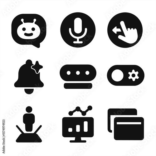 Next-Gen Productivity Icons. Solid style icons of next-gen productivity interfaces: AI chatbot icon, voice command microphone