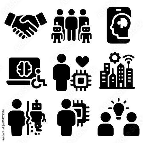 AI and Society Icons. Solid vector icons of AI and society: human-AI handshake, community and robots, inclusive technology symbol,