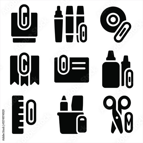 Stationery Clip Icons. Solid vector icons of paper clip with stationery: clip with sticky tabs, clip with highlighters, clip near
