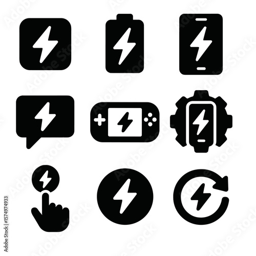 Mobile App Icons. Solid vector icons of mobile and app usage: app booster bolt, battery saver icon, phone with power flash, bolt