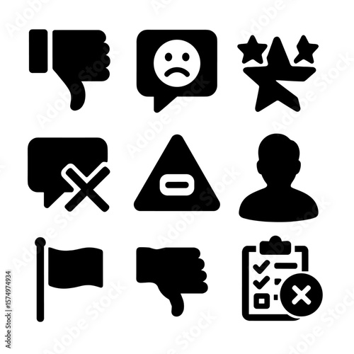 Negative Feedback Icons. Solid vector icons of negative feedback concepts: thumbs down icon, frowning face in speech bubble,