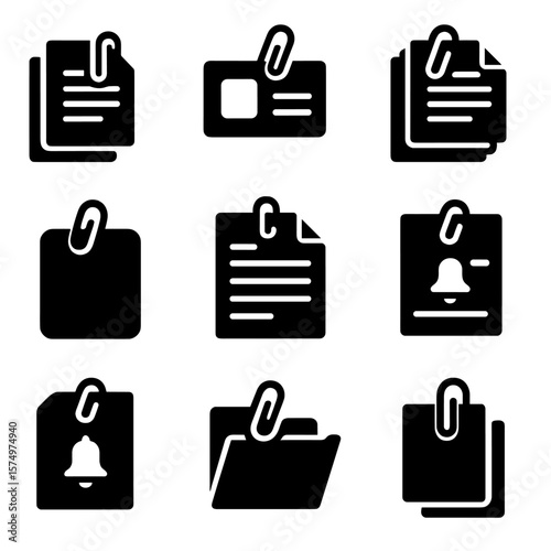 Office Paperclip Essentials. Solid vector icons of paper clip usage: attaching report pages, clipped business card, organizing