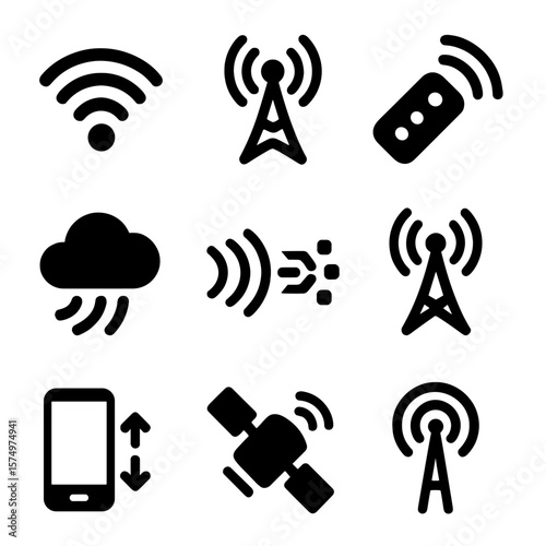 Wireless Signal Icons. Solid vector icons of wireless transmission: wave signal lines, radio frequency icon, infrared remote icon,