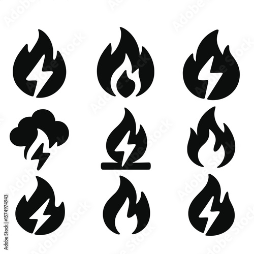 Firestorm Icons. Solid vector icons of fire and storm: flame with bolt icon, fire spark combo, lightning fireball, thunder and