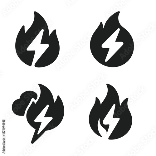 Firestorm Icons. Solid vector icons of fire and storm: flame with bolt icon, fire spark combo, lightning fireball, thunder and