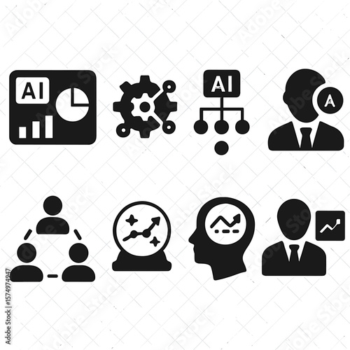 AI Business Icons. Solid vector icons of AI in business: AI dashboard, process automation gear, smart decision tree, business