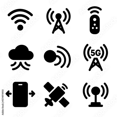 Wireless Signal Icons. Solid vector icons of wireless transmission: wave signal lines, radio frequency icon, infrared remote icon,