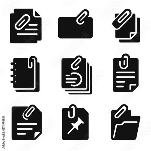 Office Paperclip Essentials. Solid vector icons of paper clip usage: attaching report pages, clipped business card, organizing